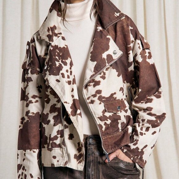 Casual Women's Cow Print Denim Jacket Western Distress contemporary - Picture 3 of 5